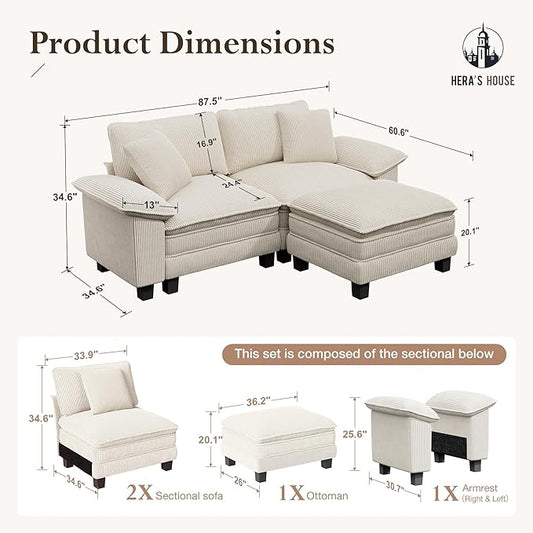 HERA'S HOUSE 88" Modular Sectional Sofa, L Shaped Couches for Living Room, Comfy Cloud Couch with Ottoman, 3-Seater Deep Seat Sofa with Throw Pillow, Corduroy Beige