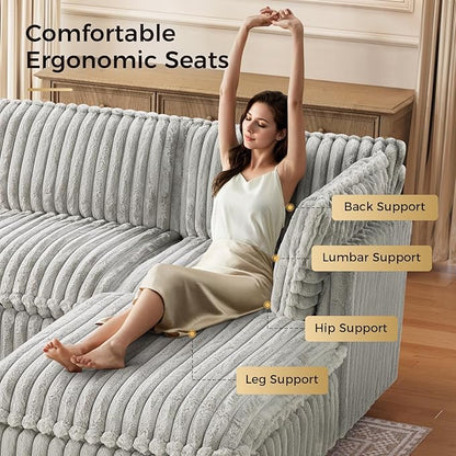 KKL Modular Sectional Couch for Living Room, U Shaped Corduroy Couches with 2 Ottomans, 5 Seater Oversized Sofa Convertible to L Shaped, Soft Fabric Modern Sofa, Grey