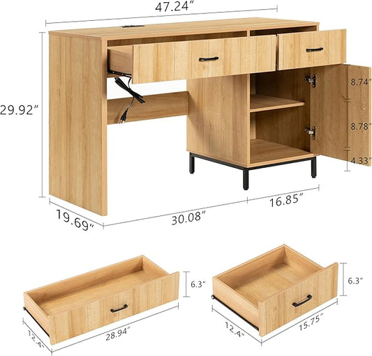 Farmhouse 47" Executive Desk, Home Office Desk with File Drawer and Power Outlet, Computer Desk with 2 Drawers and 1 Storage Cabinet, Workstation for Office Home (Natural Oak)