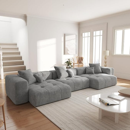WJShome 144" Sectional Couches for Living Room,Modular Sectional Sofa, U Shaped Couch, Linen Deep Seat Cloud Couches with Pillow for Living Room,Gray