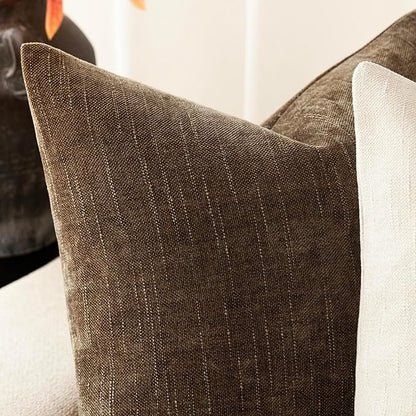 Foindtower Pack of 2 Soft Textured Chenille Throw Decorative Pillow Covers Square Accent Solid Cushion Cover Neutral Farmhouse Pillow Case for Couch Sofa Bedroom Living Room 26x26 Inch,Taupe Brown