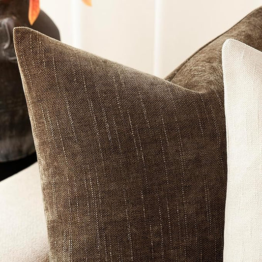 Foindtower Pack of 2 Textured Chenille Throw Decorative Pillow Covers Square Accent Solid Cushion Cover Neutral Farmhouse Lumbar Pillow Case for Couch Sofa Bedroom Living Room 12x20 Inch,Taupe Brown