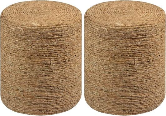 Wimarsbon Round Pouf Ottomans, Handwoven Natural Water Hyacinth Seagrass Pouffe,Outdoor Rattan Stool Accent Seat, Bohemian Coastal Home Decor (2pcs 14inch Natural Cattail)