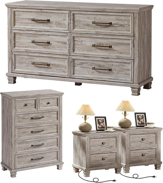 Farmhouse Bedroom Dresser and Nightstand Set of 4, 6 Drawer Tall & Low Dresser & 2 Drawer Nightstand Set, Rustic Wood Bedroom Furniture Set for Livingroom, Hallway, Grey