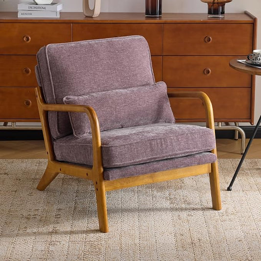 Karl home Mid Century Modern Accent Chair with Lumbar Pillow & Oak Arms – Plush Chenille Living Room Chair for Bedroom, Lounge (Purple)