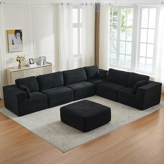 L-Shape Cloud Modular Sectional Sofa Couch,Modern Boneless Sectional Couch with Deep Seat,Upholstered Couches for Living Room Bedroom,No Assembly Required,Black