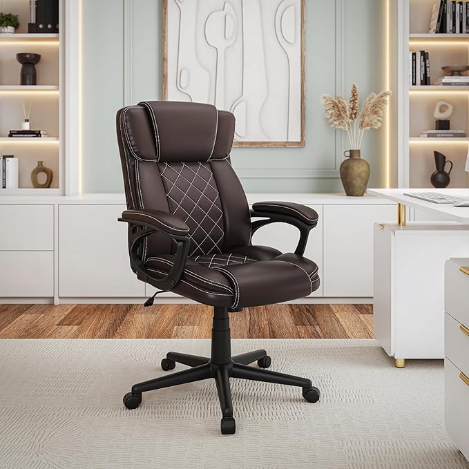 Techni Mobili Ergonomic Executive Office Chair, High Back, Adjustable Height, Lumbar Support, Diamond-Stitched Padding, Swivel Desk Chair with Armrests & Tilt Recline for Home Office or Work (Brown)