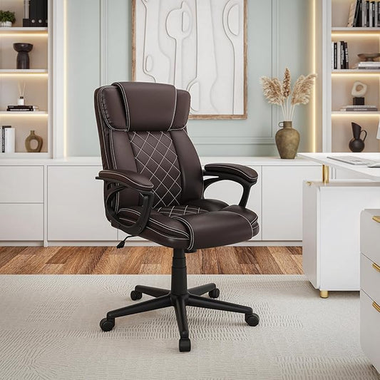 Techni Mobili Ergonomic Executive Office Chair, High Back, Adjustable Height, Lumbar Support, Diamond-Stitched Padding, Swivel Desk Chair with Armrests & Tilt Recline for Home Office or Work (Brown)