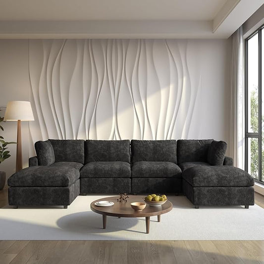 WJShome Cloud Couch Modular Sectional Sofa, 134" U Shaped Couch for Livingroom, Oversized Convertible Wide Seater with 2 Ottomans Living Room Set, Covers Washable&Replaceable,Black