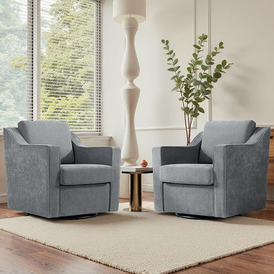 UIXE Swivel Accent Chairs Set of 2, Chenille Upholstered Arm Chair for Living Room, Modern Club Armchair Comfy Single Sofa Bedroom Reading Seat with Lumbar Pillow - Gray