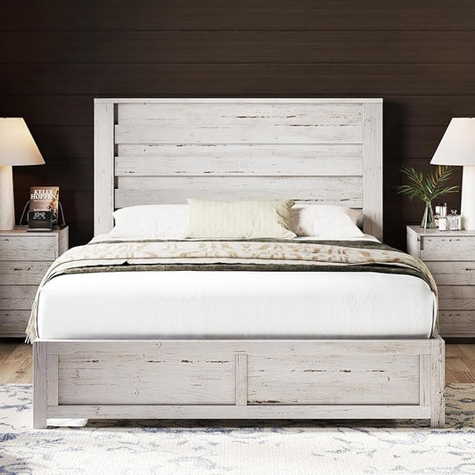 AMERLIFE Farmhouse Full Size Bed Frame with 49" Fluted Headboard, Platform Bed with Natural Wood Grain, No Box Spring Needed/Noise Free, Distressed White