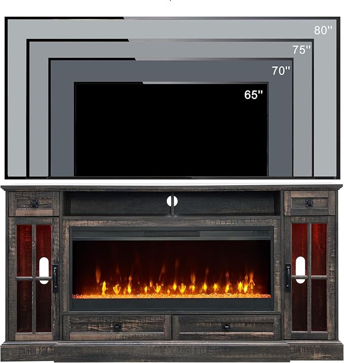 OKD Fireplace TV Stand for 80 Inch TV, Farmhouse Entertainment Center with 42" Fireplace & LED Lights, Modern Media Console Table with Storage Drawers & Cabinets for Living Room, Dark Rustic Oak