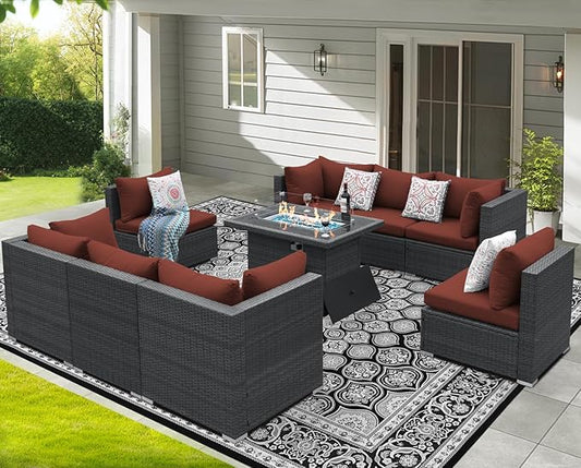 NICESOUL 9 Piece Large Patio Furniture Set with Fire Pit Table Propane/Natural Gas, 29.3'' High Back Wicker Outdoor Sectional Sofas, Wide Conversations for Heavy Weight, 2 Color Cushions Wine & Gray