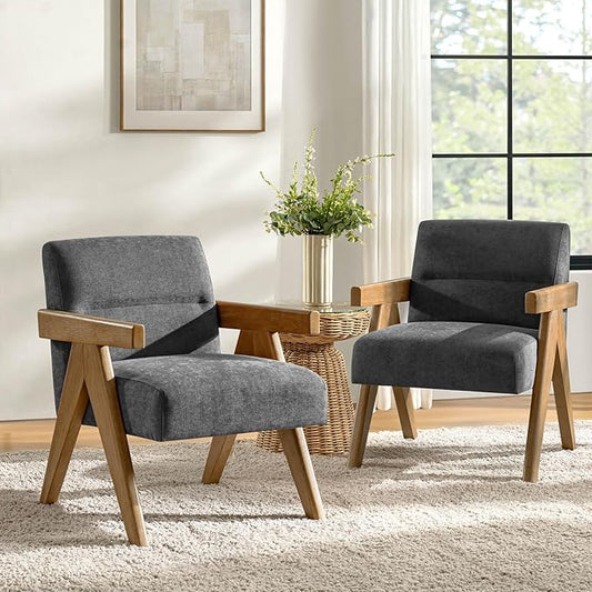 HULALA HOME Modern Accent Chair, Upholstered Arm Chair with Solid Wood Frame, Comfortable Padded Seat and Back, for Living Room, Bedroom Set of 2, Charcoal