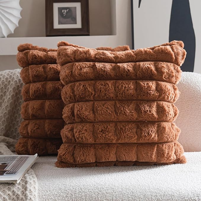 Neelvin Brown Faux Fur Cozy Soft Plaid Decorative Throw Pillow Covers 24x24 inch Set of 2,Velvet Pillowcase Cushion Case for Sofa Couch