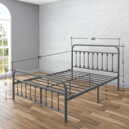 Golden Gate Beds Vintage Style Metal Bed Frame with Wrought Iron Headboard and Footboard, Classic Platform Bedframe Storage, No Box Spring Needed, Mattress Foundation, Silver, Queen Size