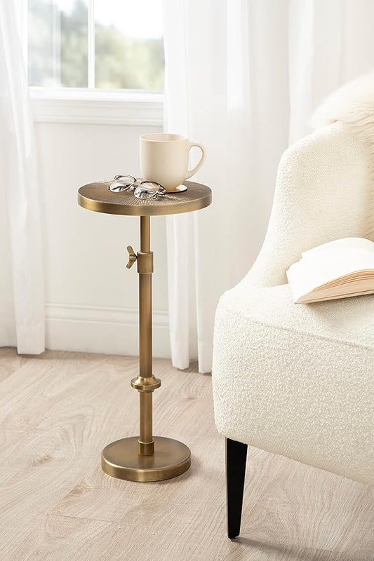 Kate and Laurel Engles Traditional Adjustable-Height Pedestal Drink Table; 10 x 10 x 30; Antique Brass; Vintage Round Indoor Metal Plant Stand with Embossed Sunburst Pattern