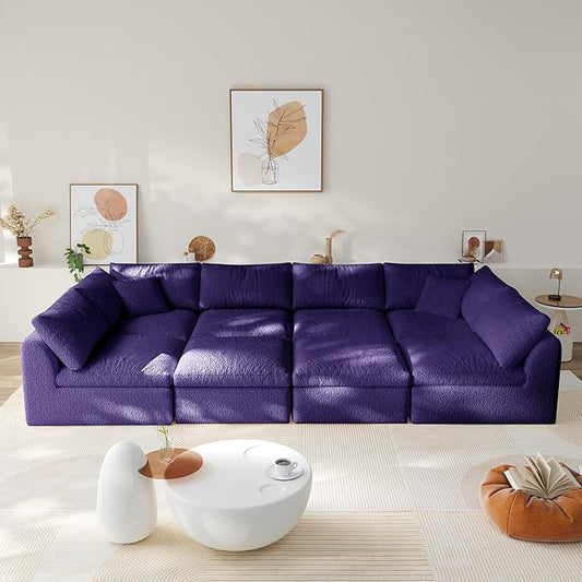 Boneless Cloud Couch Modular Sectional Sofa with Deep Seat for Living Room, L Shape Couch with Ottoman, Snowflake Cloth and 40D Memory Sponge，2 Throw Pillows (Purple, 6 Seater+2 Ottoman)