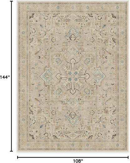 RUGGABLE Washable Vintage Area Rug – Kamran Ivory Opal 9x12, Stain-Resistant, Non-Slip – Large Machine Washable Rugs for Living Room, Bedroom, Hallway, Entryway & Office–with Standard Pad