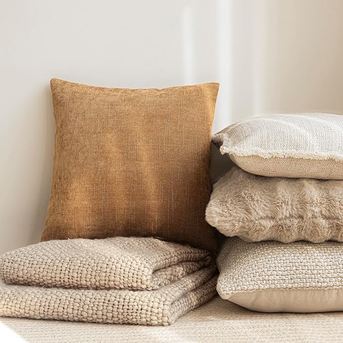 Foindtower Set of 2 Textured Chenille Throw Decorative Pillow Covers Square Accent Solid Cushion Cover Neutral Farmhouse Lumbar Pillow Case for Couch Sofa Bedroom Living Room 12x20 Inch,Golden Brown