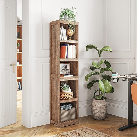 LINSY HOME 5-Shelf Bookcase, Narrow Bookshelves Floor Standing Display Storage Shelves 68 in Tall Bookcase Home Decor Furniture for Home Office, Living Room, Bed Room - Dark Brown