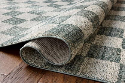 Loloi Chris Loves Julia Calvin Collection CLV-01 Blue/Ivory 7'-10" x 7'-10" Round Area Rug Checkered Neutral Soft Living Room Bedroom Carpet