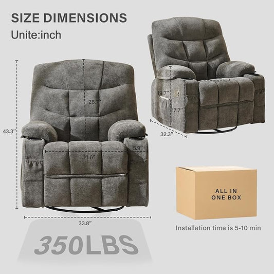Manual 360°Swivel Rocker Recliner Chair,Single Recliner Seat with Cup Holders,Recliner Chairs for Adults, Upholstered Fabric Lazy Boy Recliner for Bedroom,Living Room,Dark Grey