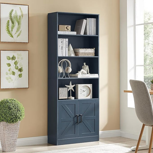 70in Tall Bookshelf 6 Tier Bookcase with Barn Doors and Adjustable Shelf, Blue Farmhouse Book Shelves with Storage Cabinet, Wood Floor Standing Display Bookshelve for Bedroom,Living Room,Kitchen