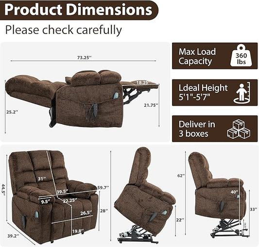 Oversized Zero Gravity Power Lift Recliner Chair for Elderly Adults Big Man Electric Lay Flat Recliner Triple Motor with Heat and Massage, Adjustable Seat Height, Arm Storage, Cup Holder