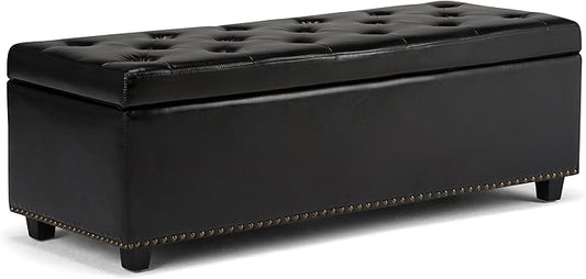 SIMPLIHOME Hamilton 48 inch Wide Transitional Rectangle Storage Ottoman in Midnight Black Vegan Faux Leather, Assembled, For the Living Room, Entryway and Family Room