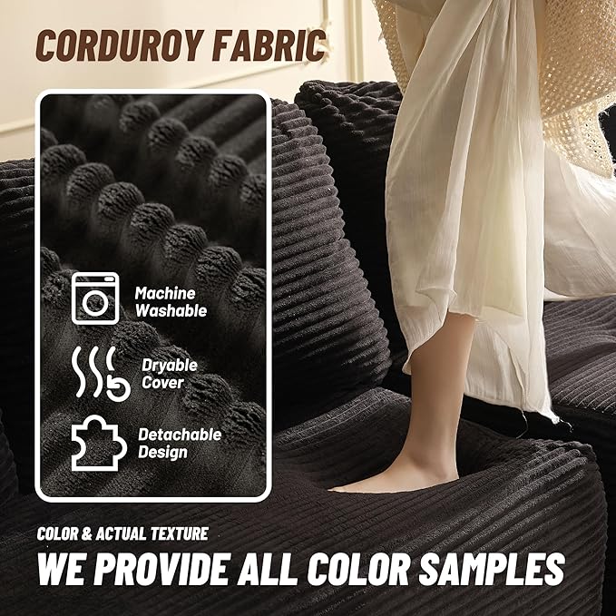 138" Modular Sofa Memory Foam Sectional Couches for Living Room, Sleeper Sofa Bed, Corduroy, Black