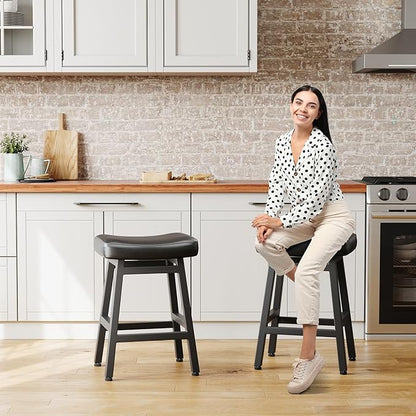 Counter Height Bar Stools Set of 3, 24 Inch Barstools for Kitchen Counter, Kitchen Stools with Bonded Leather Saddle Seats & Heavy Duty Metal Legs, Easy Assembly, Gray/Black