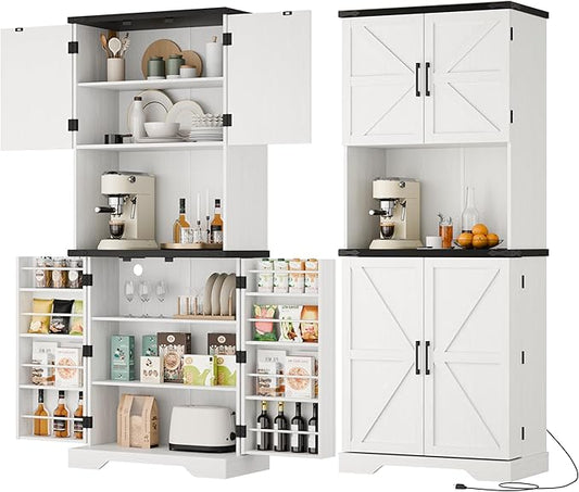 Cozy Castle 74" Farmhouse Pantry Cabinet with Charging Station, Tall Kitchen Storage Hutch Cabinet Coffee Bar Workstation, Sideboard Buffet Cupboard for Dining Room Living Room Furniture, White