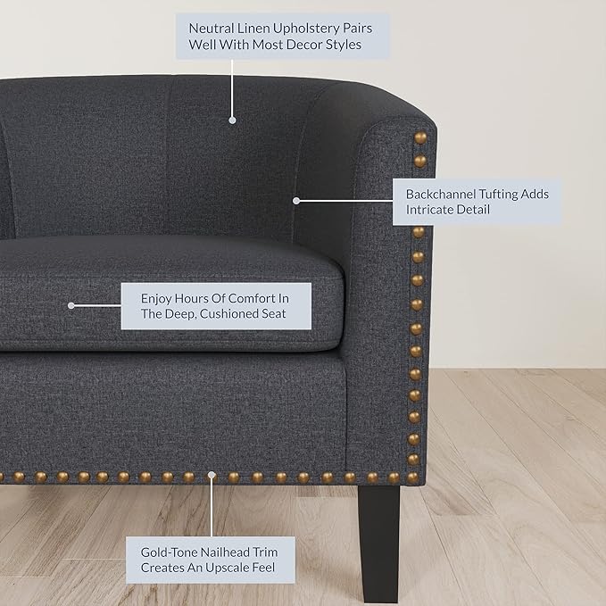 BELLEZE Accent Barrel Chair, Modern Tub Club Chair Upholstered Armchair with Gold Nail Head Trim and Black Legs for Living Room Bedroom Apartment Lounge - Gray/Linen