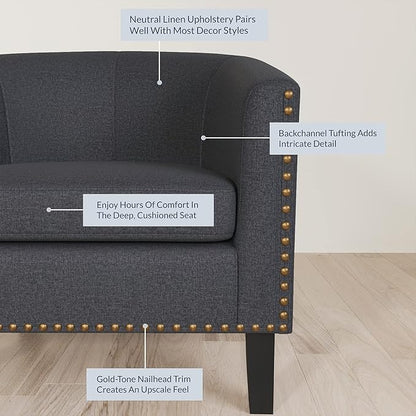 BELLEZE Accent Barrel Chair, Modern Tub Club Chair Upholstered Armchair with Gold Nail Head Trim and Black Legs for Living Room Bedroom Apartment Lounge - Gray/Linen