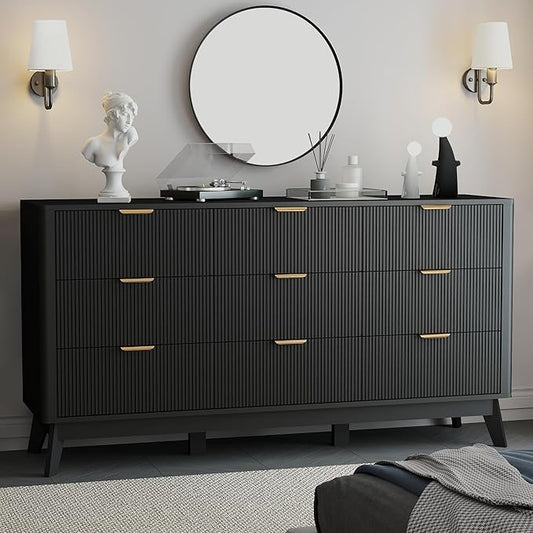 SUNWAVE Fluted 9 Drawer Dresser for Bedroom, 59.1" Wide Modern Large Dresser with Round Corner, Wood Drawer TV Stand for Living Room