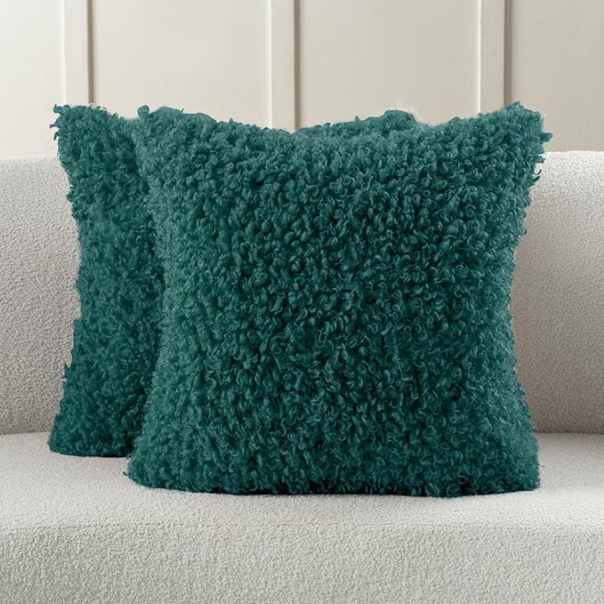 FUTEI Teal Decorative Throw Pillow Covers 16x16 Inch Set of 2,Soft Fluffy Faux Wool Fur Boucle Textured Cushion Case,Modern Home Decor for Couch Bed Living Room Office