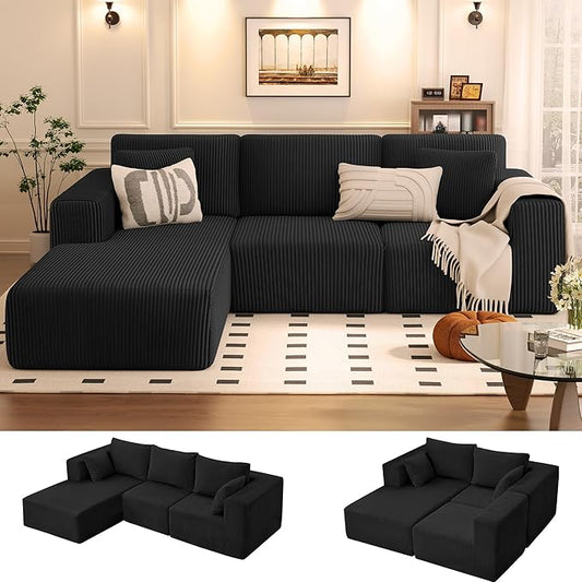 KINGYES 107'' Modular Sectional Sofa, L Shaped Cloud Couch for Living Room, Modern Boneless Sofa with Chaise for Bedroom, Black