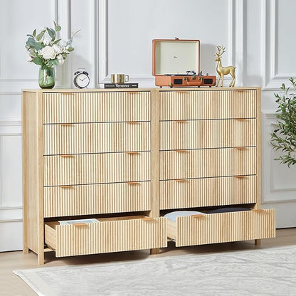 Fluted 5 Drawer Tall Dresser for Bedroom, Mid Century Modern Nightstand with Drawers, Tall Bedside Table for Closet Cloth, Living Room End Table with Storage for Dorm -Natural