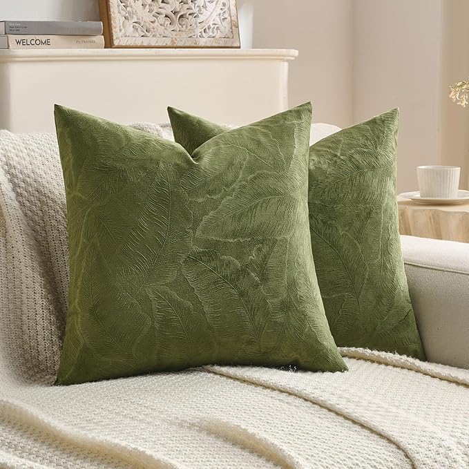 FUTEI Moss Green Velvet Throw Pillow Covers 16x16 Inch Set of 2,Soft Embossed Leaf-Relief Textured Cushion Cases,Natural Home Decor for Couch Living Room