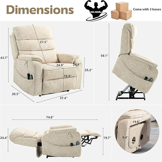 Power Lift Recliners Chairs for Elderly Adults Lay Flat Recliner with Heat & Massage, Wireless Charging Device, USB Ports, Cup Holder, Lumbar Pillow, 400Lbs (Velvet Fibric,Beige)