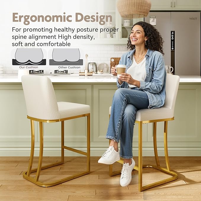 MAISON ARTS Off White & Gold Counter Height Bar Stools with Back Set of 4 for Kitchen Counter 24 Inch Modern Upholstered Faux Leather Barstools Farmhouse Bar Chairs Luxury Island Stools Support 330LBS