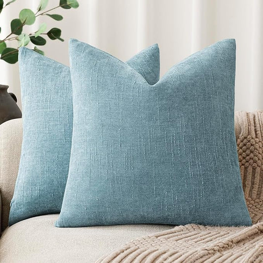 Foindtower Pack of 2 Textured Chenille Throw Decorative Pillow Covers Square Accent Solid Cushion Cover Neutral Farmhouse Pillow Case for Couch Sofa Bedroom Living Room 18x18 Inch,Light Blue
