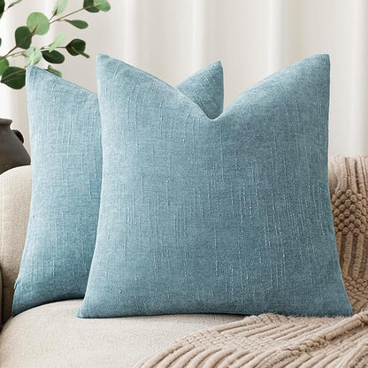 Foindtower Pack of 2 Textured Chenille Throw Decorative Pillow Covers Square Accent Solid Cushion Cover Neutral Farmhouse Pillow Case for Couch Sofa Bedroom Living Room 26x26 Inch,Light Blue