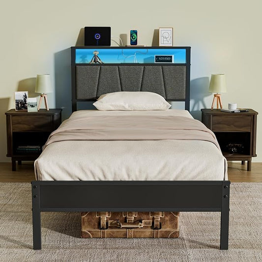 Z-hom Twin Bed Frame with Upholstered Headboard and Footboard, Metal Platform with Dual Storage Compartments, LED Lights and USB Ports, Easy Assembly, Grey