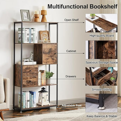 VECELO 5-Tier Bookshelf with 2 Storage Drawers & 1 Cabinet,Industrial Display Standing Shelf, Metal Frame Wood Storage Shelf,Open Bookcases for Living Room, Bedroom, Home,Office