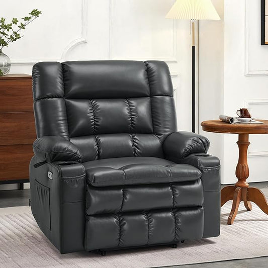 MCombo Dual Motor Power Lift Recliner Chair for Elderly, Lay Flat Lift Chair with Heat and Massage, Petite Wide Lift Chair, Cup Holders, USB A&C Ports, Faux Leather R7894 (Black, Small-Wide)