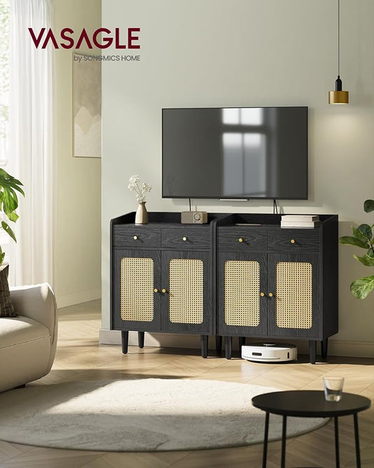 VASAGLE BOHOVEN Collection - Buffet Cabinet, Sideboard Storage Cabinet with Rattan-Like Doors and Drawers, Accent Cabinet, Adjustable Shelf, Boho Style, for Living Room, Ebony Black