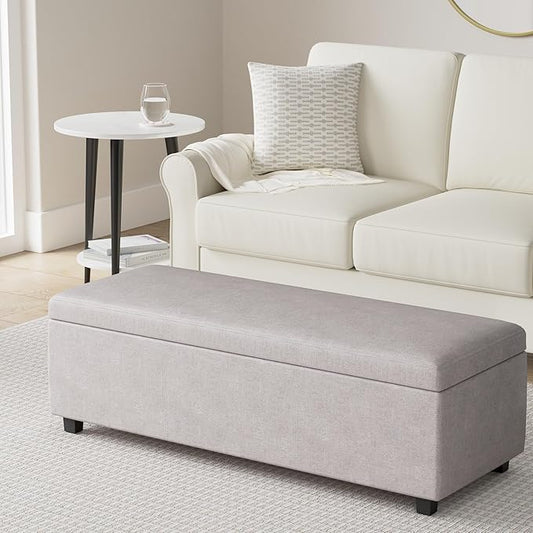 SIMPLIHOME Avalon Storage Ottoman Bench - 48 inch Wide Upholstered Linen Look Fabric Rectangular Lift-Top Ottoman in Cloud Grey, Contemporary Storage Bench for Living Room with High-Density Foam