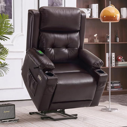 MCombo Large Triple Motor Power Lift Recliner Chair with Massage and Heat for Elderly People, Adjustable Headrest, Infinite Position, USB Ports, Faux Leather 7662 (Dark Brown, Large)